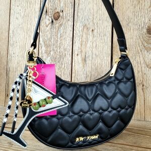 Betsey Johnson Black Quilted Heart Martini Glass Bag Charm Shoulder Handbag NWT